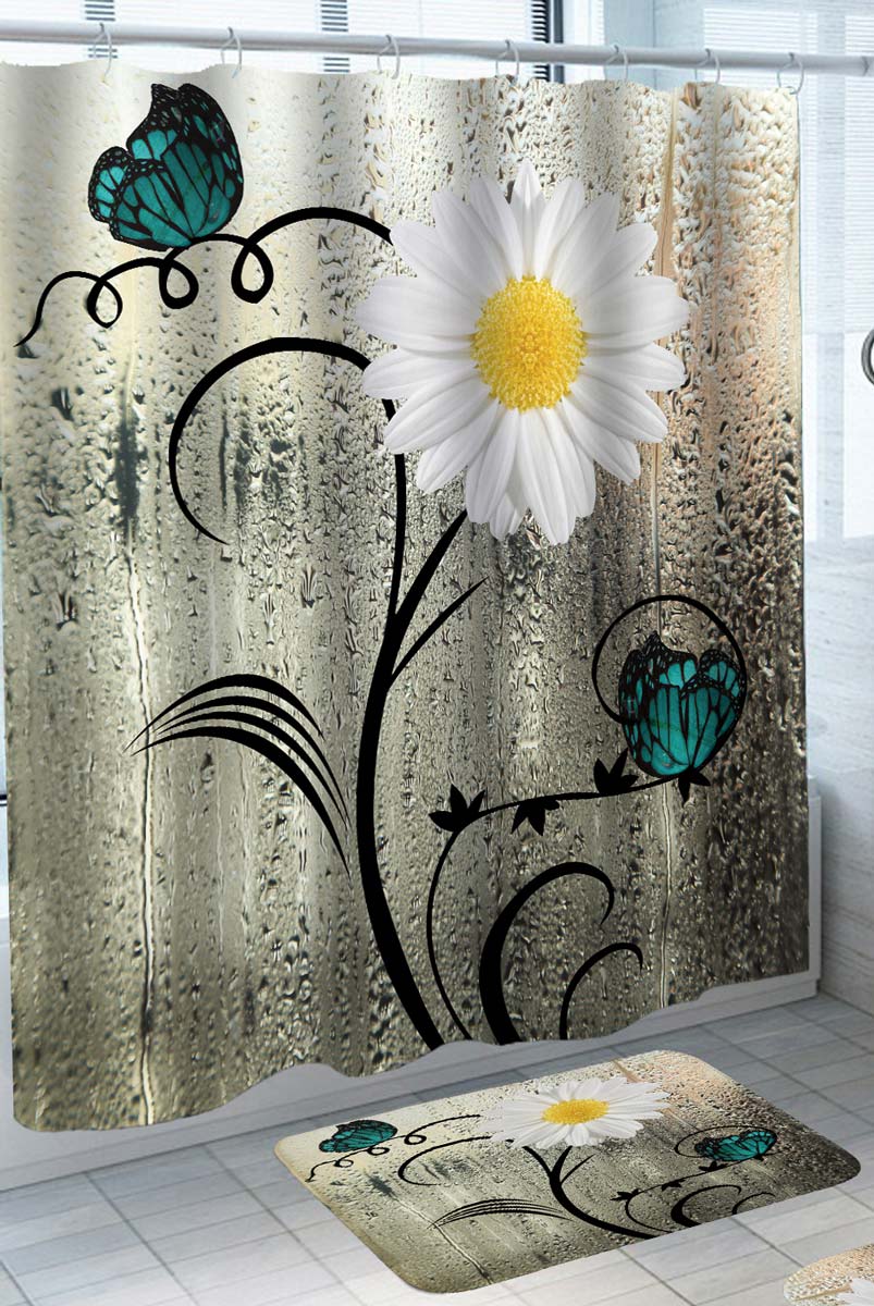 White Flower and Butterflies over Rainy Glass Shower Curtain