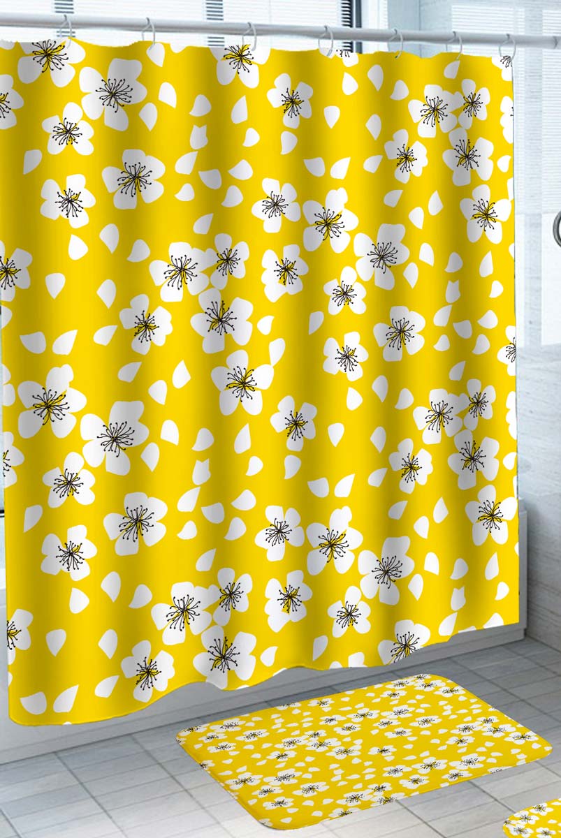 White Flowers on Yellow Floral Shower Curtain