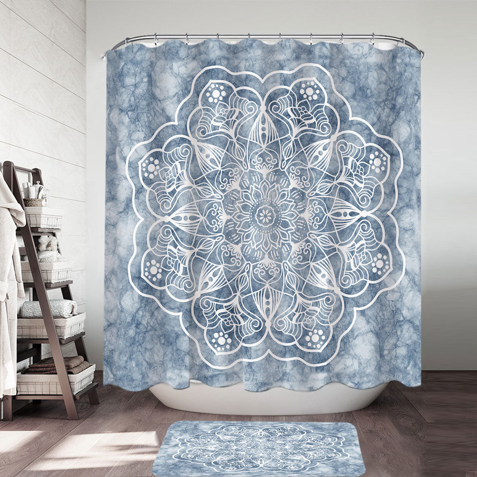 White Mandala on Greyish Marble Shower Curtain