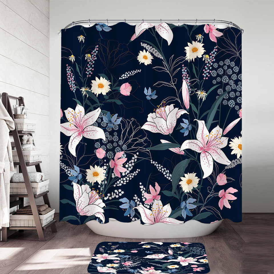 White Pink and Blue Flowers Shower Curtain