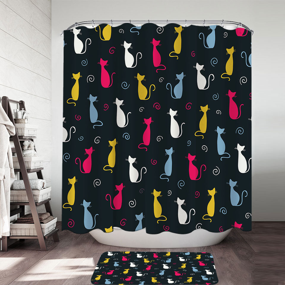 White Yellow Blue Pink Cats Shower Curtain