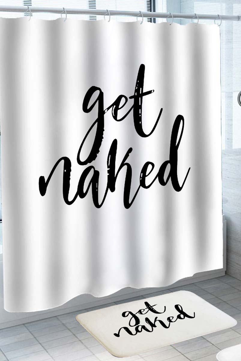 White and Black Shower Curtain and Rug with Cursive Get Naked