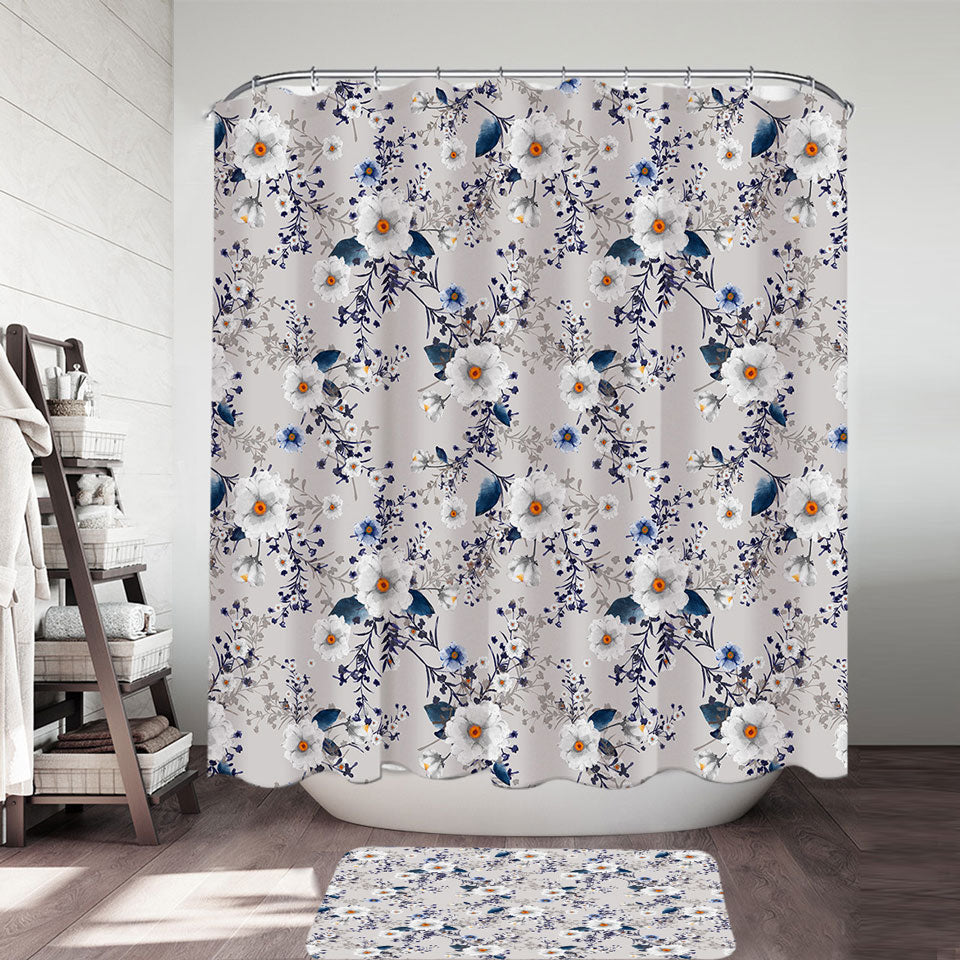 White and Blue Flowers Shower Curtain