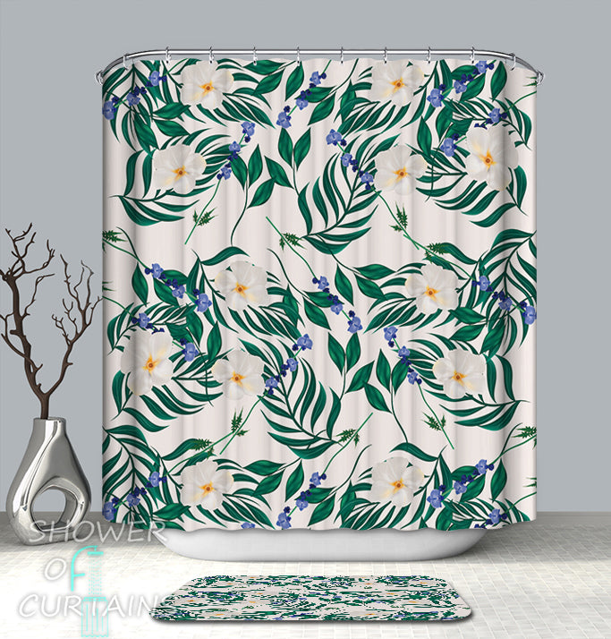 White And Blue Flowers  Shower Curtain
