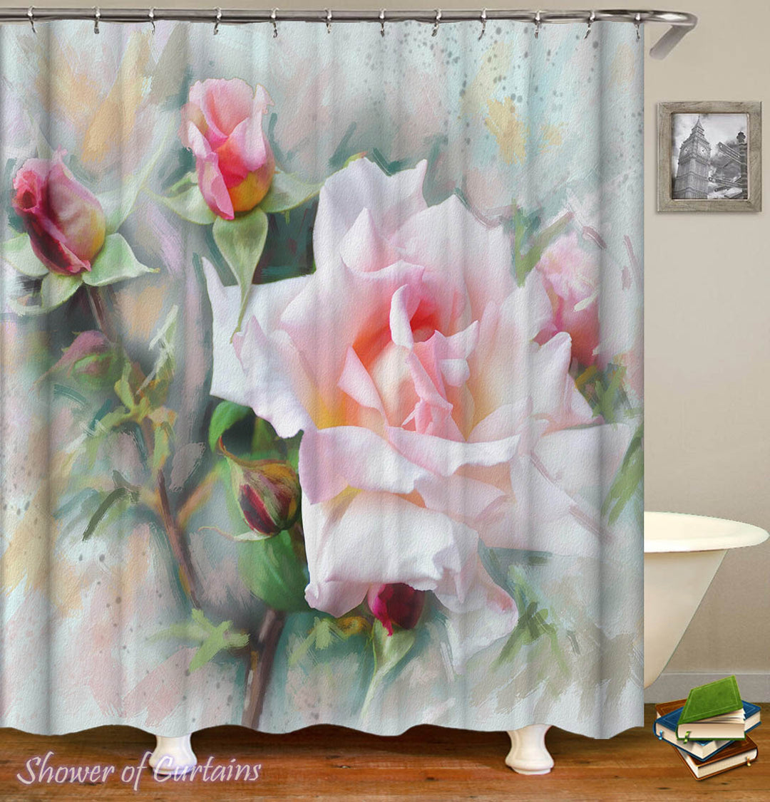 White Flower Shower Curtain - Pinkish White Roses Painting