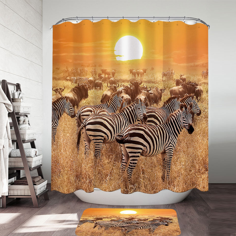 Wild Wildebeest and Zebra at Sunset Fabric Shower Curtains