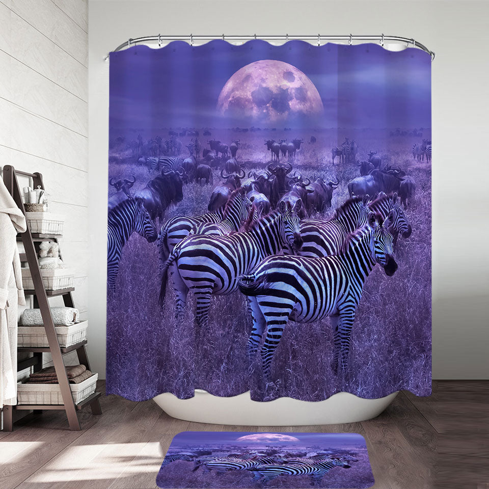 Wildebeest and Zebra Shower Curtain and Bathroom Rug