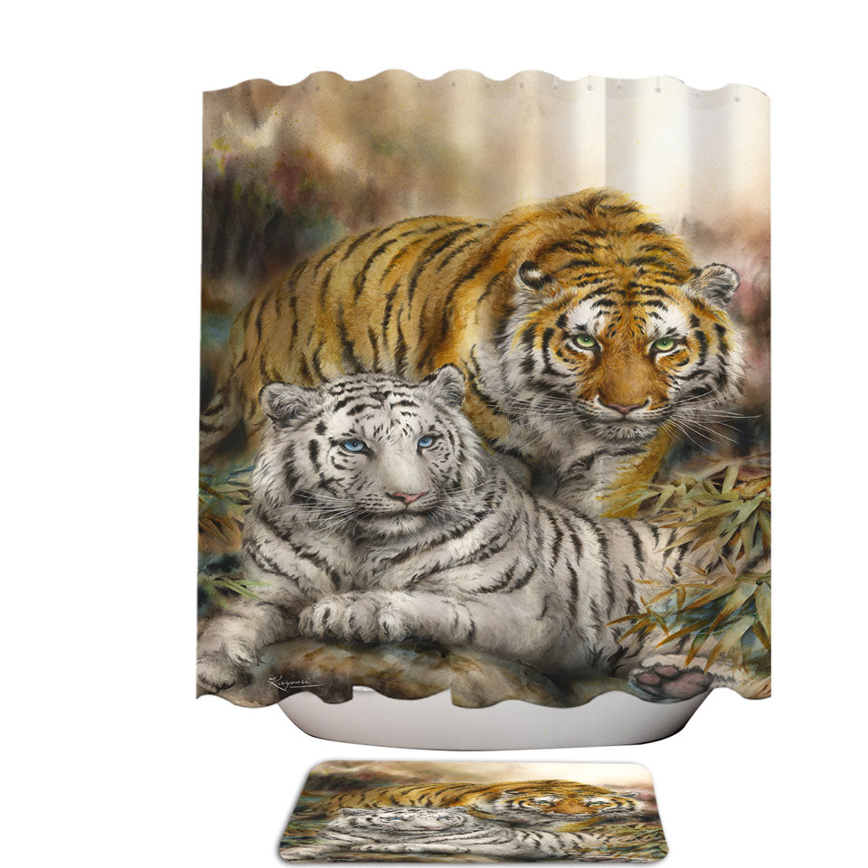Wildlife Art Drawing White and Orange Tigers Shower Curtains for Sale