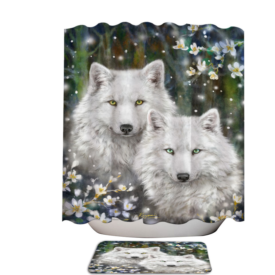 Wildlife Painting White Wolves and Flowers Fabric Shower Curtains