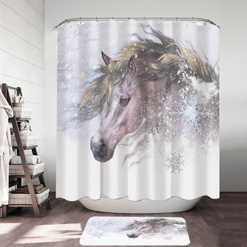 Winter Shower Curtains Snow and Bright Hair White Horse