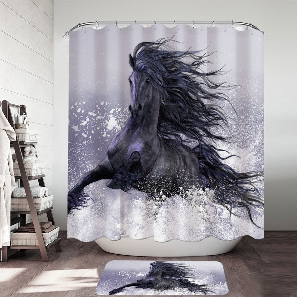 Winter Thunder Snow Running Wild Black Horse Fabric Shower Curtain