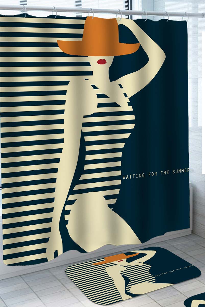 Womans Shower Curtain Cool Woman Waiting Striped Design Swimsuit