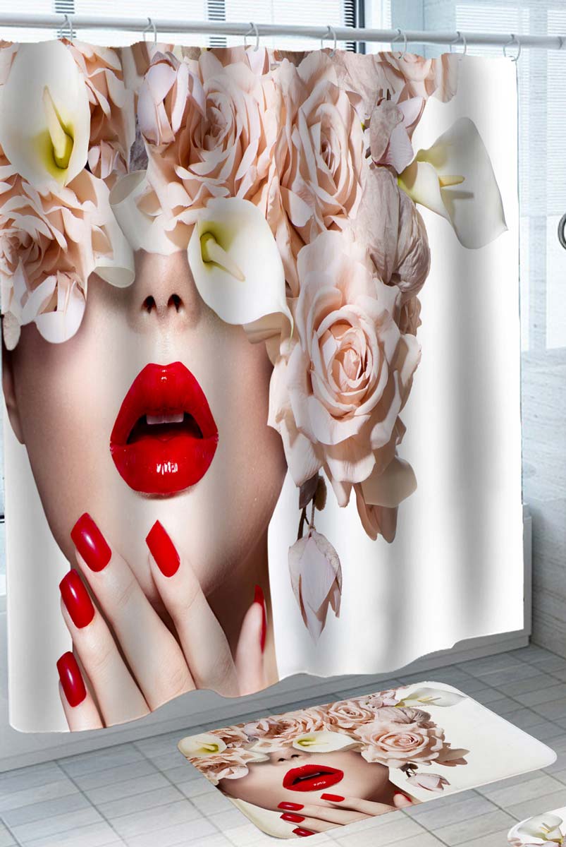 Women Shower Curtain Artistic Roses Calla Red Lips and Nails Woman