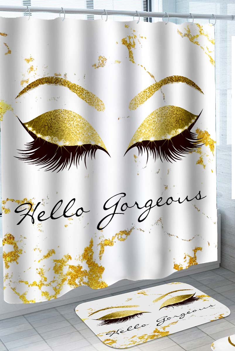 Womens Shower Curtain Hello Gorgeous Cool Girls Gold Eyelashes