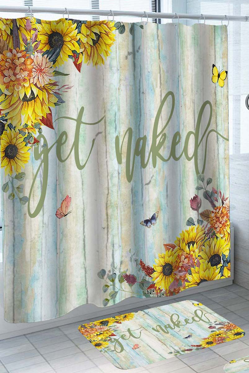 Womens Shower Curtains Painted Sunflowers and Butterflies Get Naked