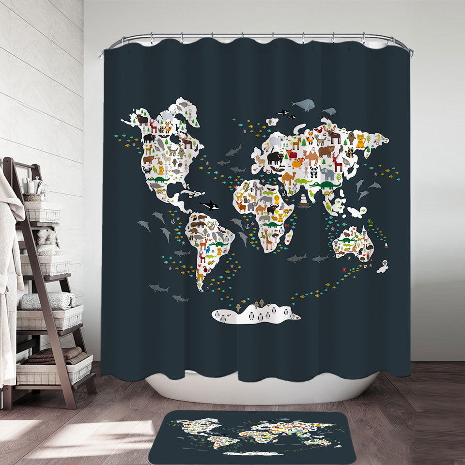 World Map Shower Curtain for Children with Animals