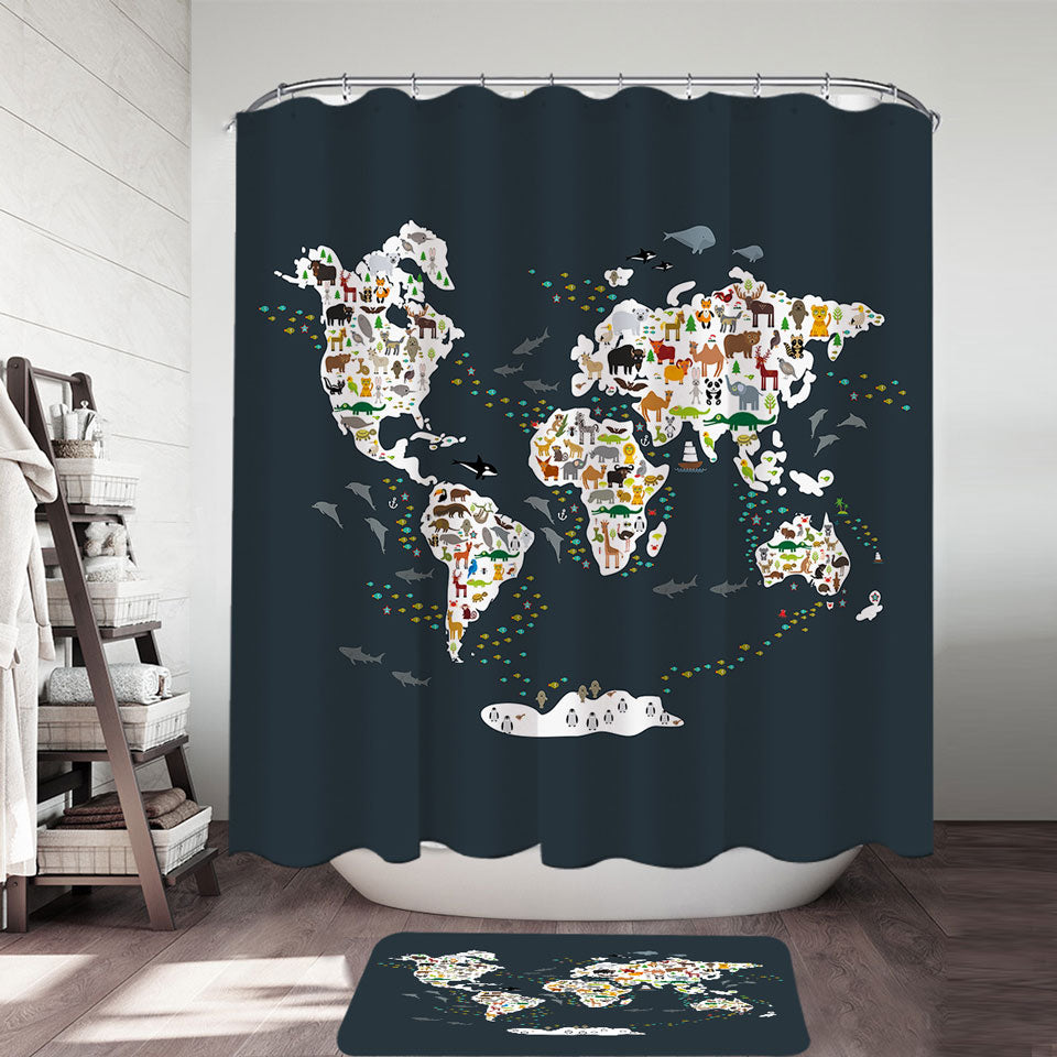 World Map Shower Curtain for Children with Animals