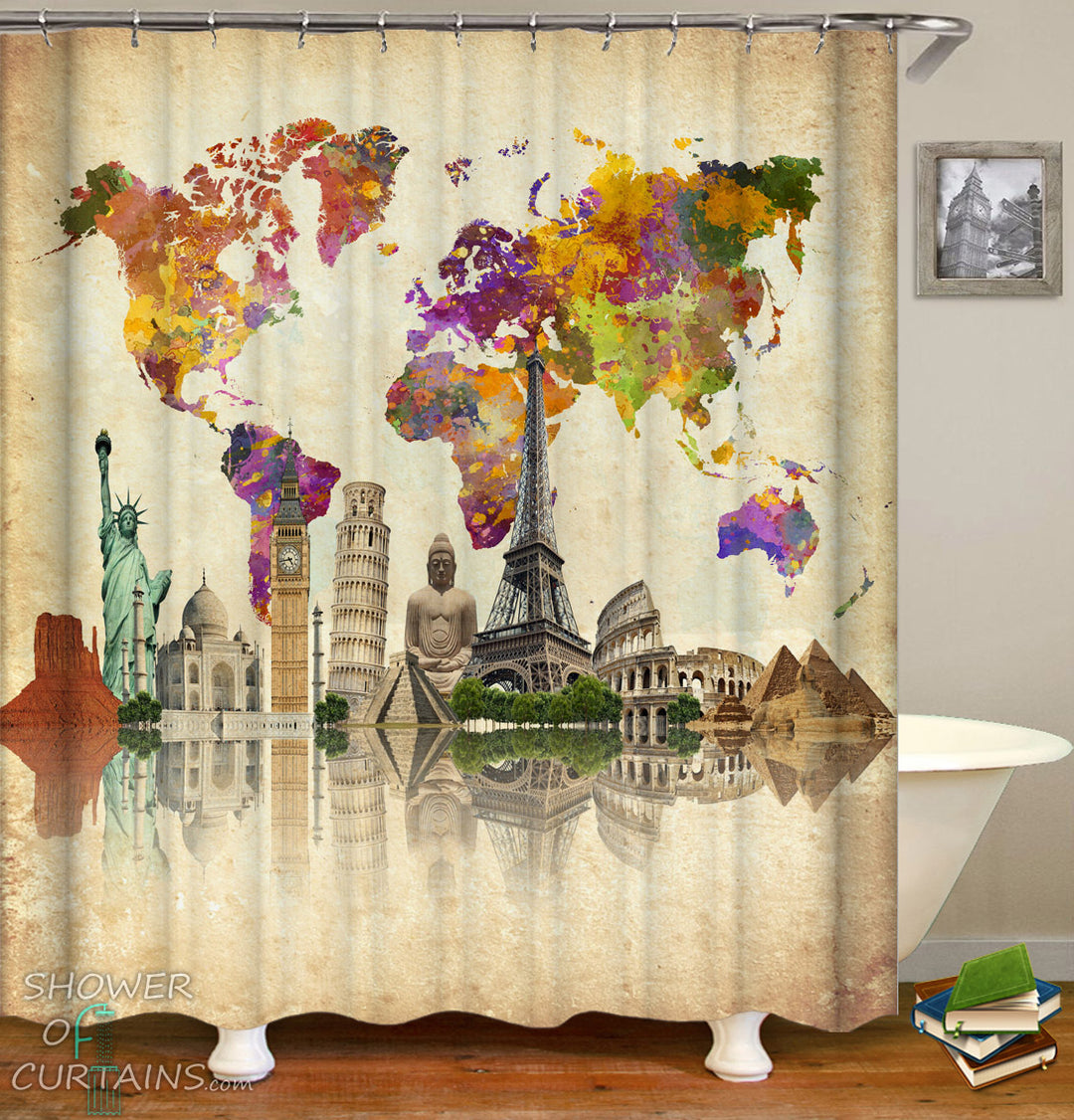 World Map Shower Curtain - World Map Attractions
