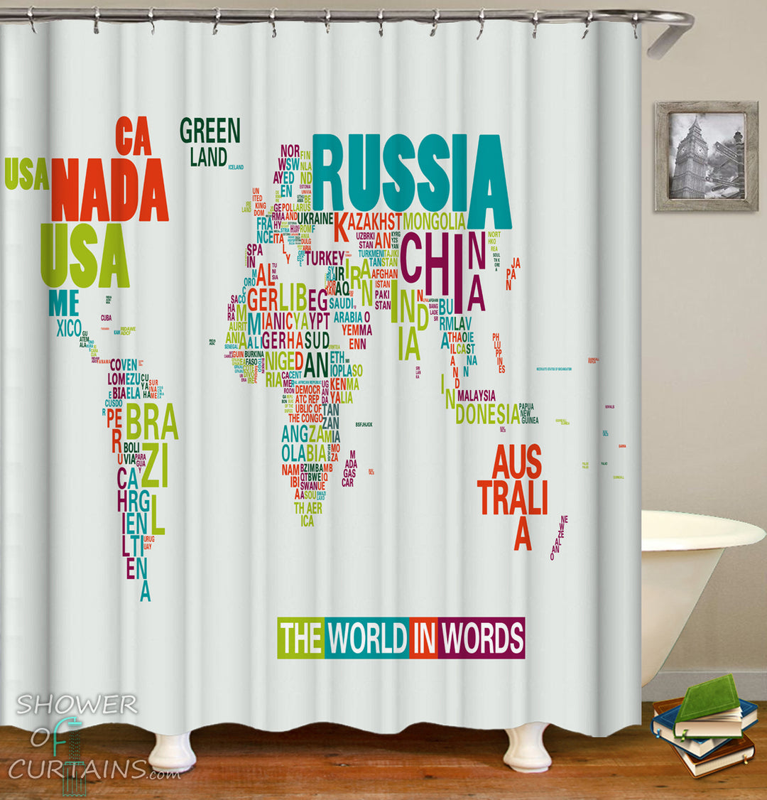 World Map Shower Curtain of The World In Words