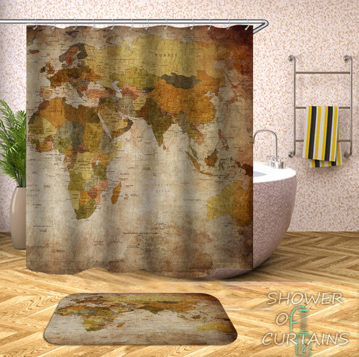 World Map Shower Curtain of Vintage Africa Europe Australia Map