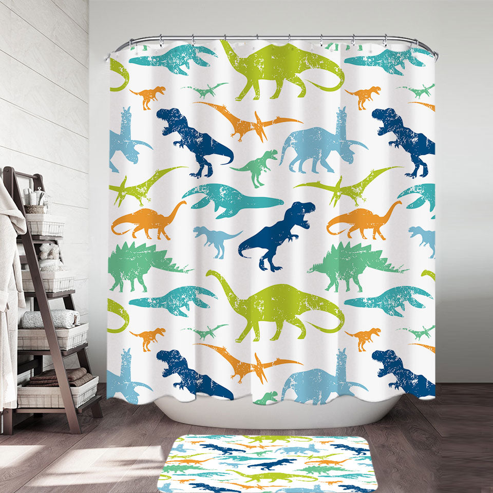 Worn Multi Colored Dinosaurs Shower Curtains