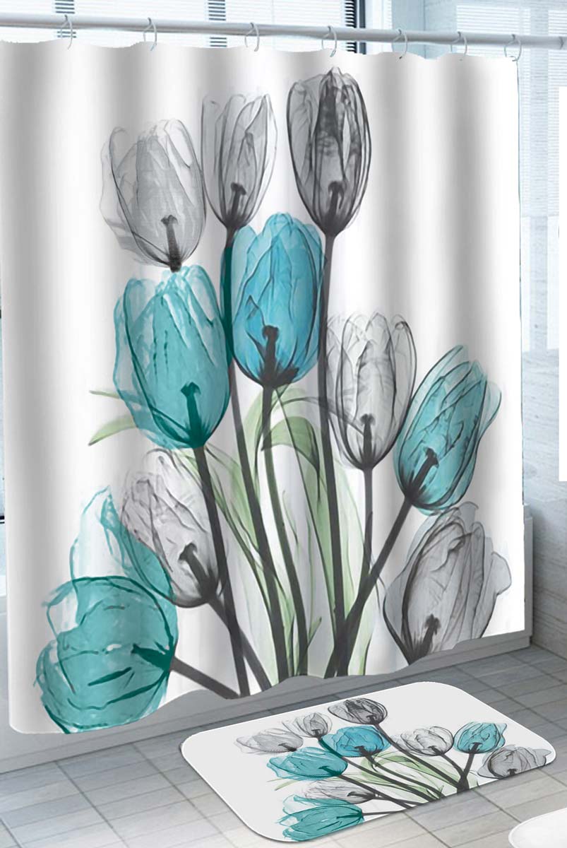 X ray Turquoise Flowers Tulips Shower Curtain