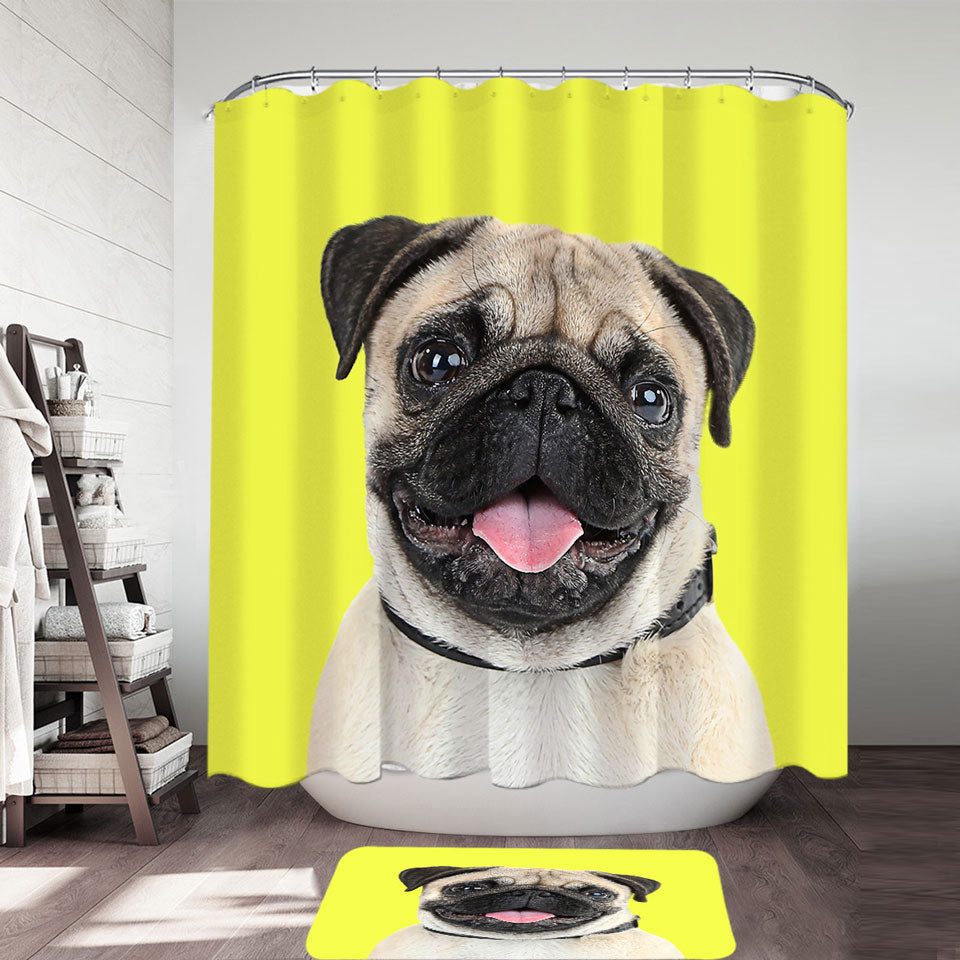 Yellow Background Cute Pug Dog Shower Curtain