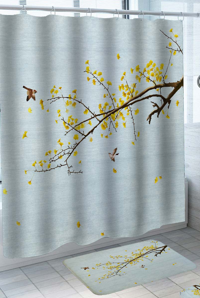 Yellow Flowering Tree and Birds Shower Curtain
