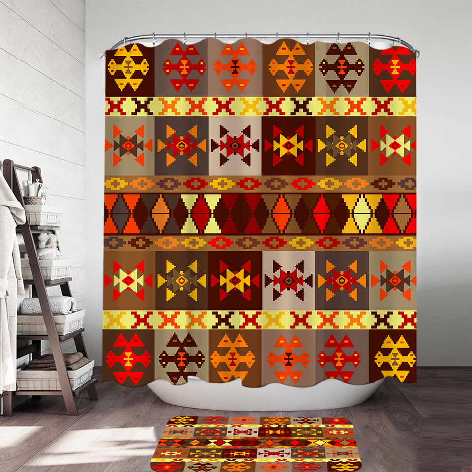 Yellow to Red Aztec Pattern Fabric Shower Curtains