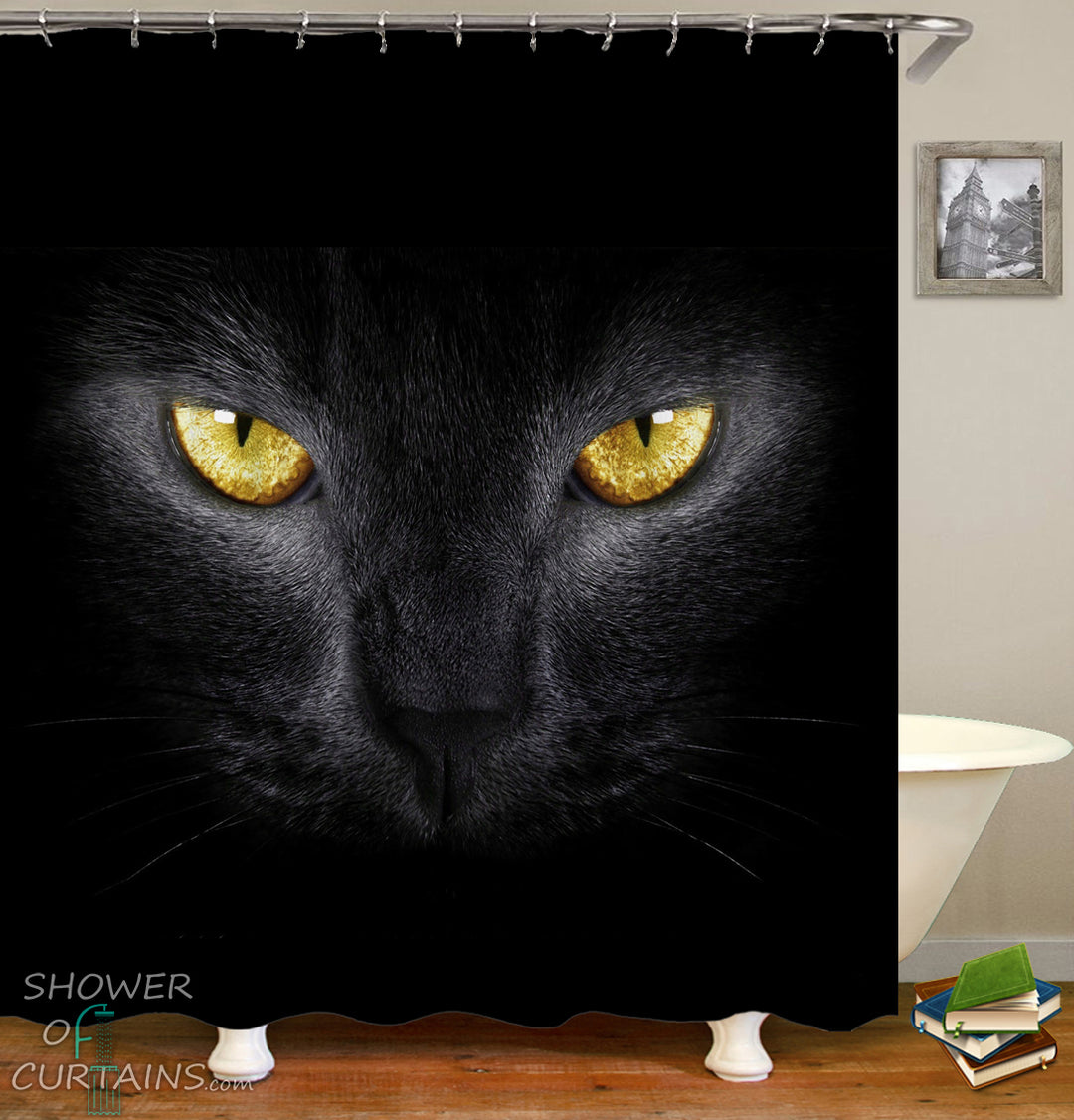 Yellow Eyes Black Cat Shower Curtain