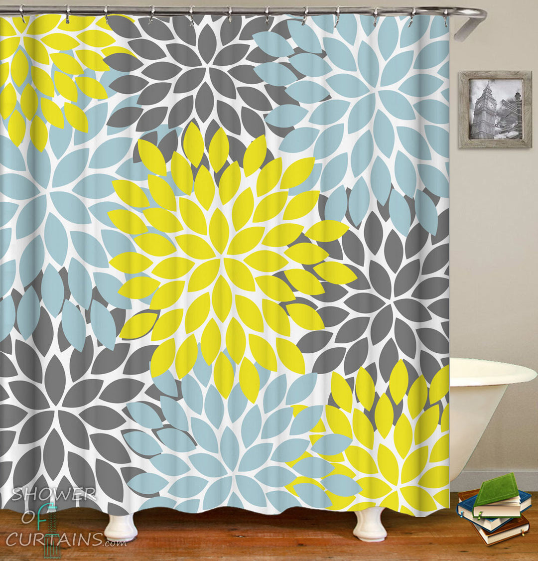 Yellow Grey And Stone Blue Shower Curtains