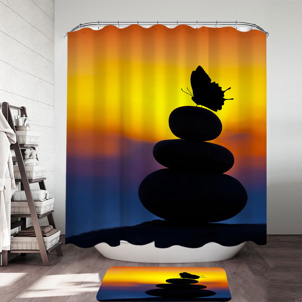 Yoga Shower Curtains with Balancing Stones and Butterfly Silhouette