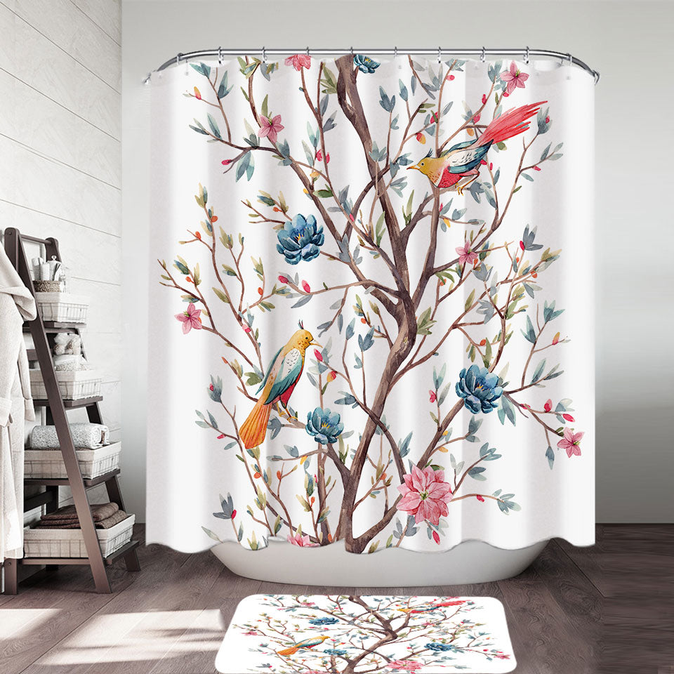 a Flowering Tree and Birds Shower Curtain