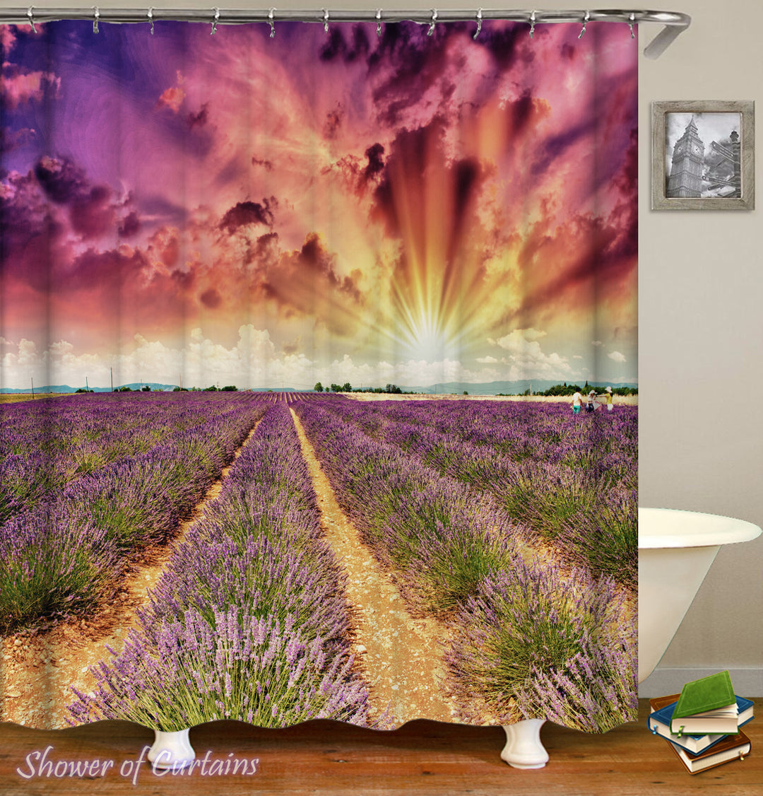 floral shower curtain theme of Sunset Over Lavender Field